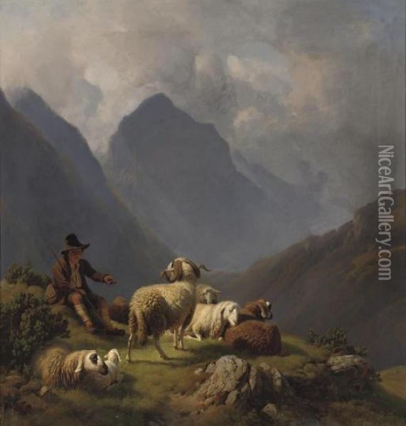 A Young Shepherd Resting In The Mountains Oil Painting - Robert Eberle