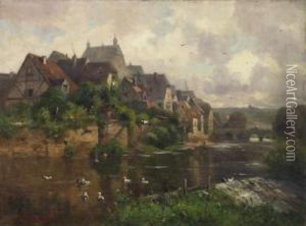 View On A City By The River. Besigheim On The Neckar. Signed Lower Left: A. Thamm Oil Painting - Gustav Adolf Thamm