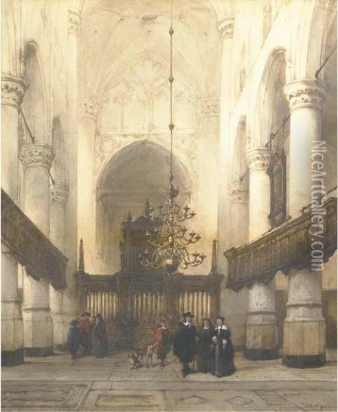 Figures In The Nieuwe Kerk, Delft Oil Painting - Johannes Bosboom