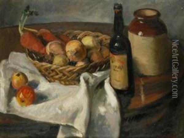A Still Life With Onions And A Bottle Oil Painting - Rudolf Vejrych