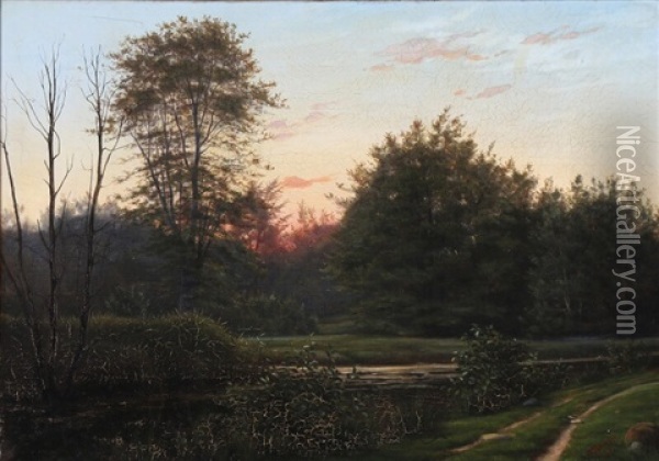 A Forest Lake At Sunrise Oil Painting - Rudolf Bissen