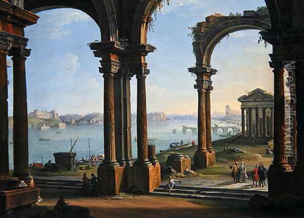 Harbour Scene through Ruined Arches Oil Painting - Antonio Joli