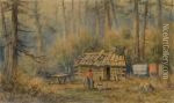 Log Cabin In A Forest Clearing. Oil Painting - Frederick Arthur Verner