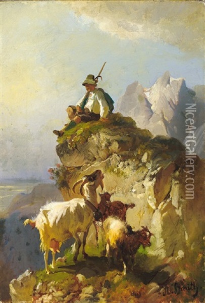Hutejunge Auf Fels Mit Kleiner Ziegenherde Oil Painting - Anton Braith