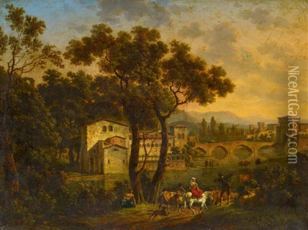 Ideale Landschaft Mit Reisenden Vor Den Toren Einer Norditalienischen Stadt Oil Painting - Hippolyte Lecomte
