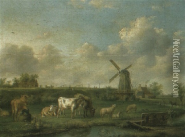 A River Landscape With A Milkmaid, Cattle And Sheep Near A Windmill Oil Painting - Balthasar Paul Ommeganck