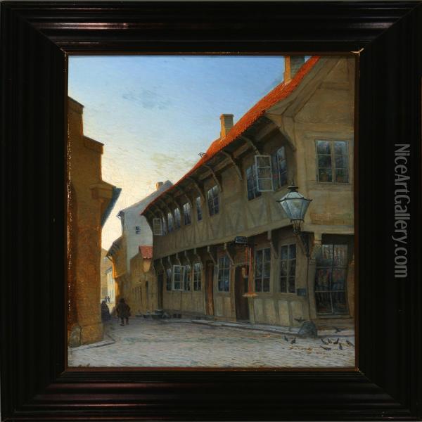 Street Scene With Oldhouses Oil Painting - Alfred Valdemar Larsen