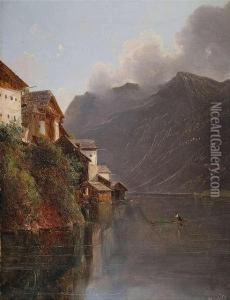 Mountainlake With Houses Of A Village. Oil Painting - Franz II Steinfeld