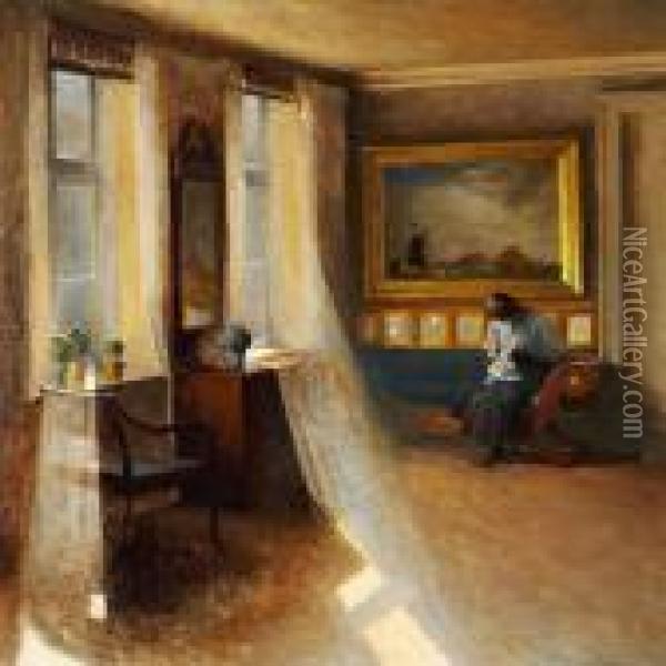 Interior With A Girl Sewing Oil Painting - Peder Vilhelm Ilsted