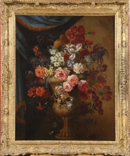 Vase De Fleurs Devant Une Tenture Oil Painting - Pieter Casteels III