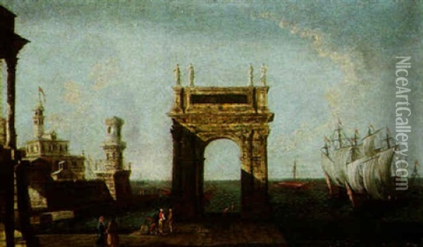 Architectural Capriccio With Figures Standing Beside A Triumphal Arch On A Quay Oil Painting - Michele Marieschi