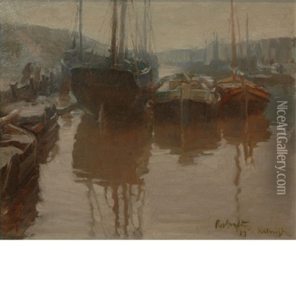 Boats In Harbor, Katwijk Aan Zee, Holland Oil Painting - Robert Wadsworth Grafton