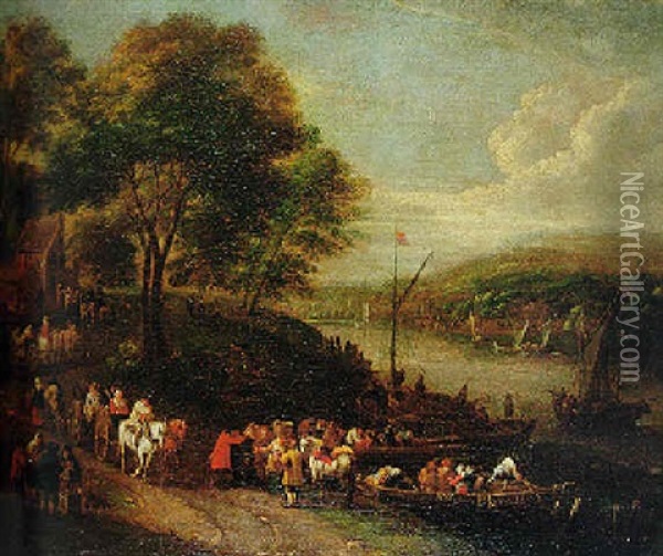 Travellers In A Wooded River Landscape With Small Craft On A River And Figures By A Ferry Oil Painting - Pieter Bout
