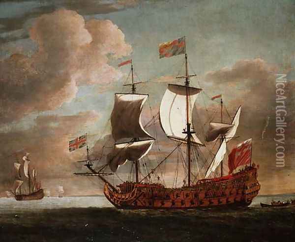 The British manowar The Royal James flying the royal ensign off a coast Oil Painting - Willem van de Velde the Younger