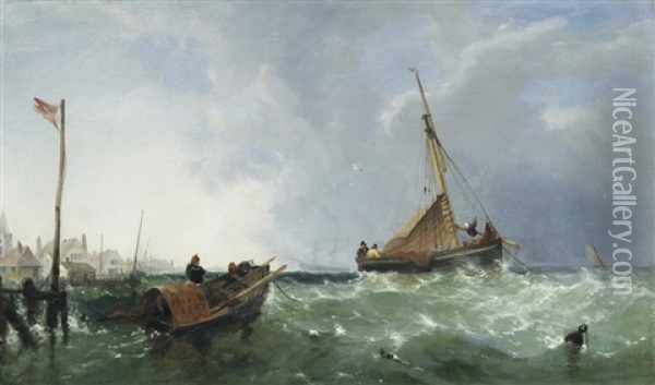 Fishing In Choppy Seas At Folkestone, A Pair Each 30.5 X 51cm (12 X 20 1/16in). (2) Oil Painting - James Meadows Snr