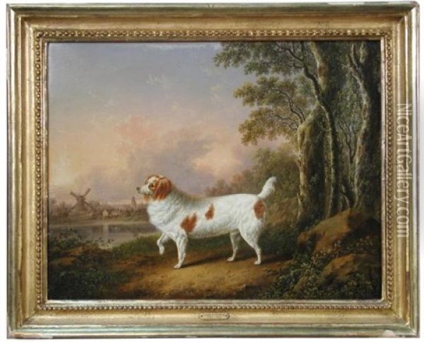 A Marlborough Spaniel In A Wooded Landscape, A Windmill Beyond Oil Painting - Charles Towne