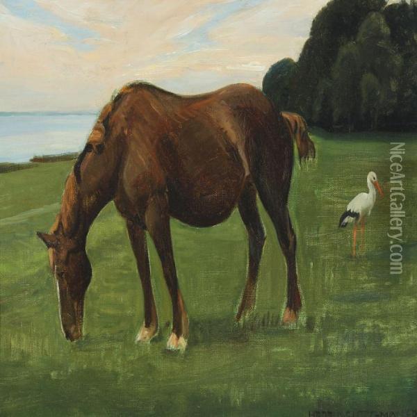 Landscape With Grazing Horse And Stork Oil Painting - Harald Slott-Moller
