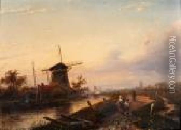 Zomerlandschap Met Wandelaars Langs Poldervaart Oil Painting - Jan Jacob Coenraad Spohler