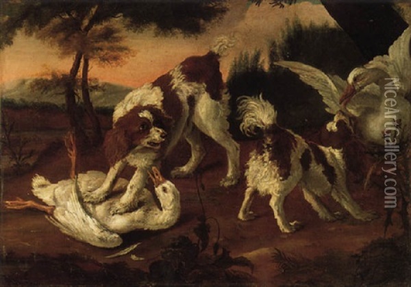 Perros De Agua Apresando A Dos Patos Oil Painting - Abraham Danielsz Hondius