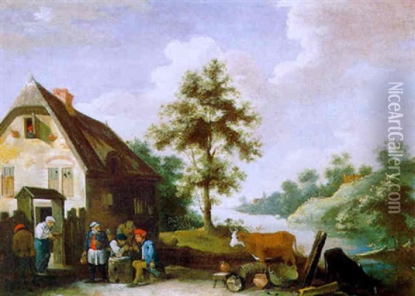 Feiernde Bauern Vor Einem Haus Am Fluss Oil Painting - Thomas Van Apshoven