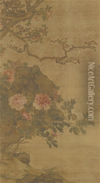 Paonien, Kirschbluten Und Magnolien An Einem Felsen Oil Painting -  Zou Yigui