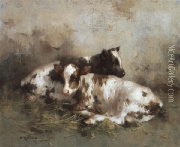 Ayrshire Calves In A Barn Oil Painting - David Gauld