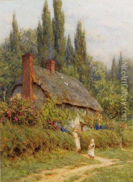 Children On A Path Outside A Thatched Cottage, West Horsley,surrey Oil Painting - Helen Mary Elizabeth Allingham