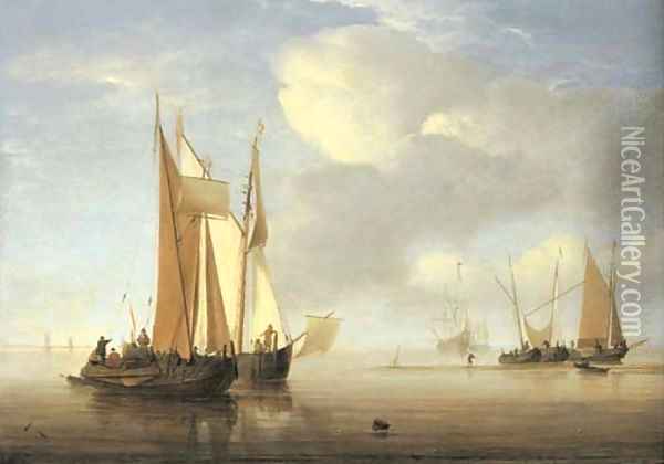 A kaag and a wijdschip in a calm Oil Painting - Willem van de Velde the Younger