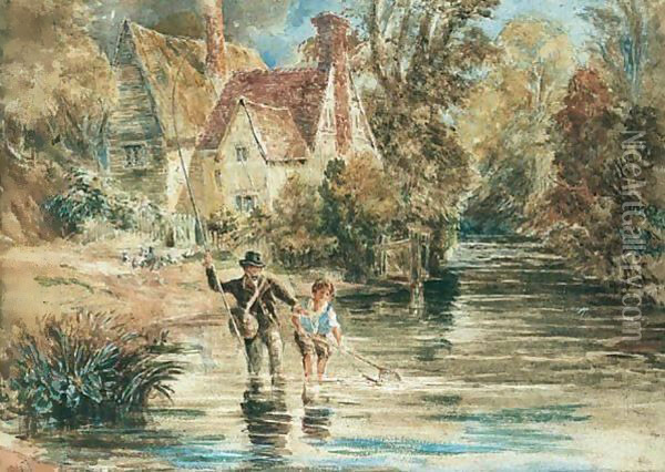 A Man And Child Fishing In A Stream By A Cottage Oil Painting - David Cox