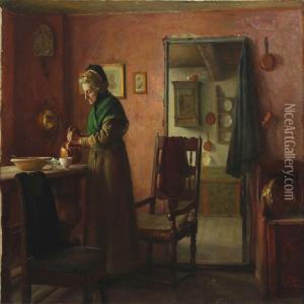 Interior With Farmer's Wife Oil Painting - Gustav Vermehren