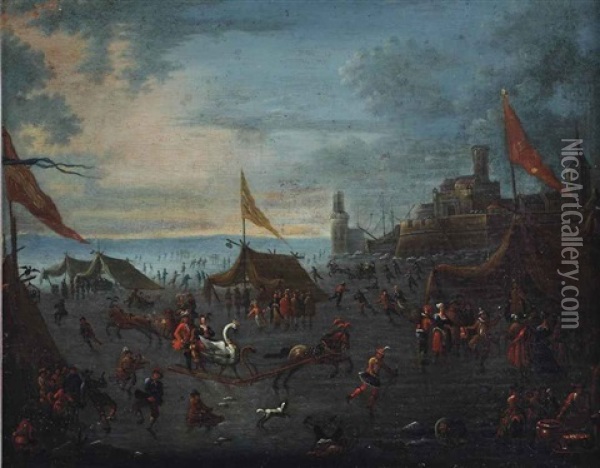 Festivities On The Ice, A City In The Background Oil Painting - Alexander van Bredael