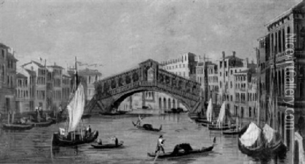 A View Of The Rialto Bridge, Venice Oil Painting - Carlo Grubacs