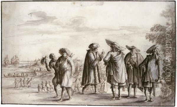 A Group Of Merchants, With A Coastal Landscape Behind Oil Painting - Lucas De Wael