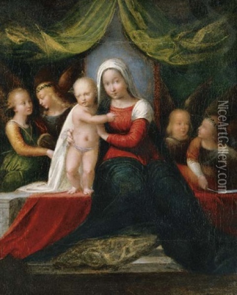The Madonna And Child With Angels Oil Painting - Nicola Pisano