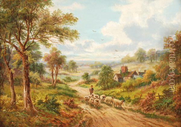 Sheep And Shepherd On A Country Lane Oil Painting - Etty Horton