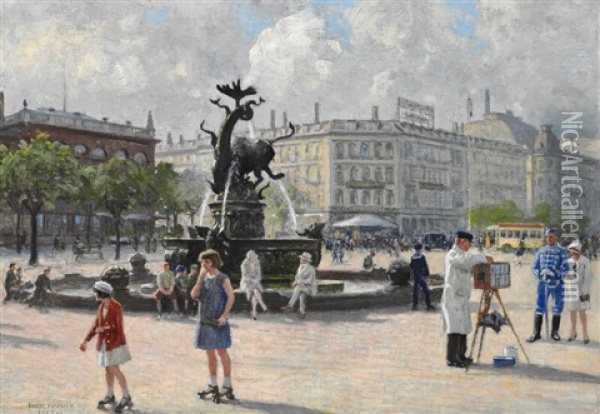 Summer Day On Radhuspladsen (the Town Hall Square) In Copenhagen Oil Painting - Paul Fischer