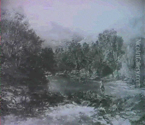 A Highland River Scene With An Angler On The Bank Oil Painting - Charles Brooke Branwhite