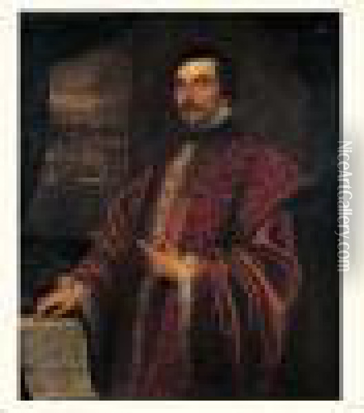 Portrait D'antonio Longui,preteur De Vicence Devant La Ville De Vicence Oil Painting - Domenico Tintoretto