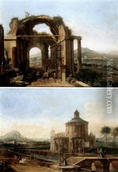 Veduta Del Brenta Con Rovine Architettoniche E Figure (+ Capriccio Con Basilica E Figure; Pair) Oil Painting - Francesco Battaglioli