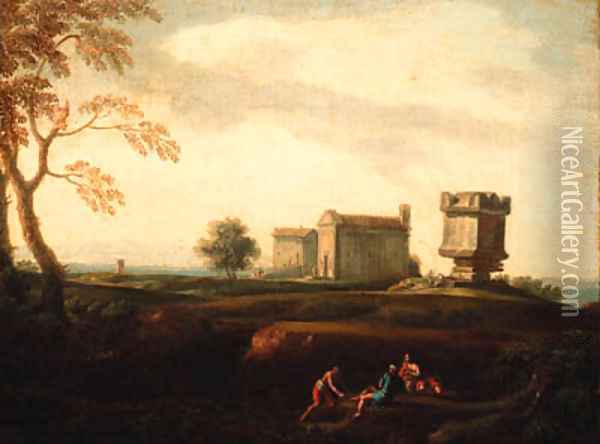 An Italianate landscape with peasants resting by a stream Oil Painting - Isaac de Moucheron