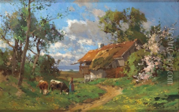 Ein Fruhlingstag Am Bauernhof Oil Painting - Karl Adam Heinisch