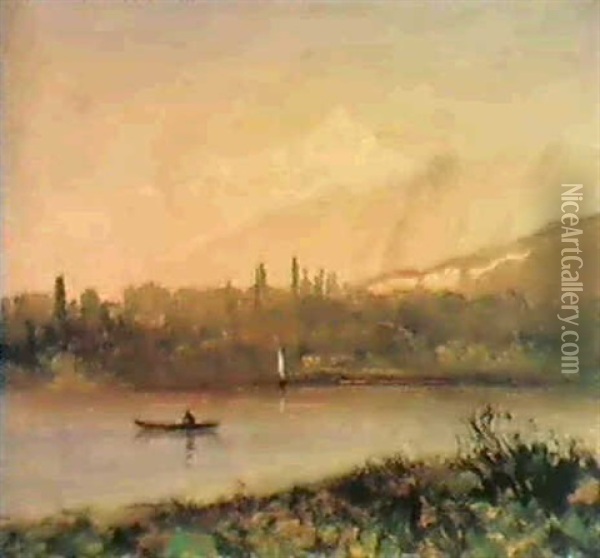 Canoe On A Lake Oil Painting - Albert Bierstadt