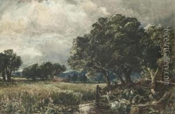A River Landscape, A Storm Approaching Oil Painting - George Sheffield