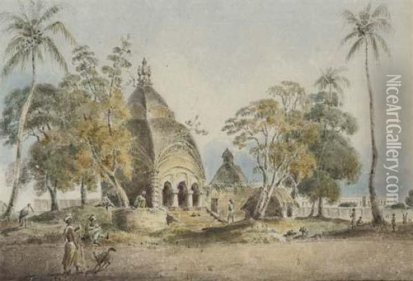 A Hindoo Temple And European Military Hospital At Chouringee, Calcutta, Oct. 19, 1809.; And Banyan Tree Near Raniserai, Dec. 7, 1810. Oil Painting - Peter, General Carey