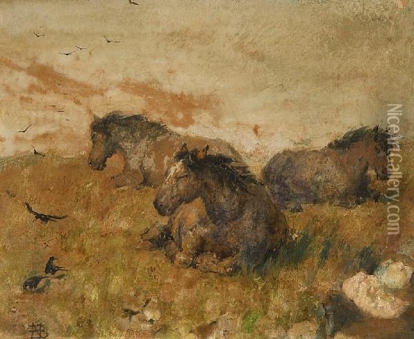 Ponies Sheltering Oil Painting - Nathaniel Hughes John Baird