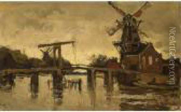 Draw Bridge With Windwill De Adriaan, Haarlem Oil Painting - Theophile Emile Achille De Bock