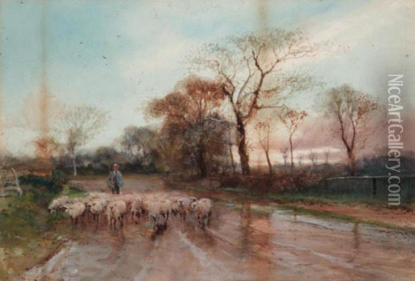A Shepherd And Sheep On A 
Country Road Near Guildford, Surrey; A View Of The River Near Teddington
 On Thames Oil Painting - Henry Charles Fox