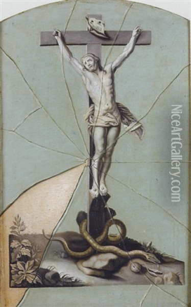 Trompe-l'oeil: Crucifixion Au Verre Casse Oil Painting - Jean Valette-Falgores Penot