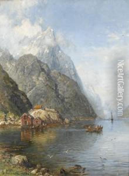 Fjordlandschaft Mit Holzhauschen. Oil Painting - Anders Monsen Askevold
