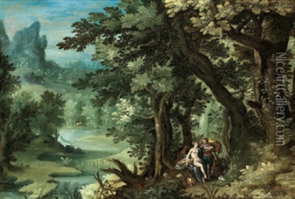 Waldlandschaft Mit Venus, Adonis Und Dem Schlafenden Amor (collab. W/hendrick De Clerck) Oil Painting - Denis van Alsloot